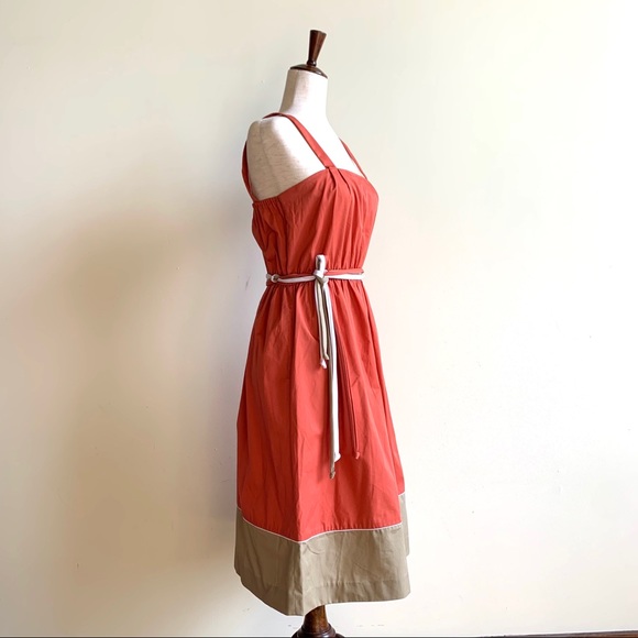 VINTAGE Strappy color-blocked sundress Coral, tan, & white Belted waist Size 10 - Picture 3 of 11